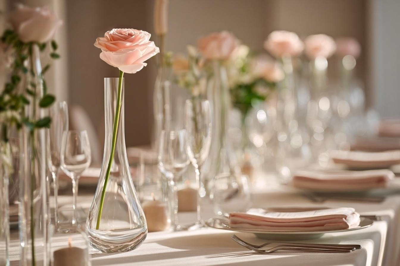 Une rose stabilisée dans un soliflore sur une table de mariage
